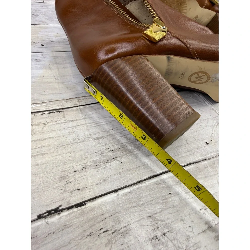 Michael Kors Brown Leather Ankle Boots Block Heel Gold Zip